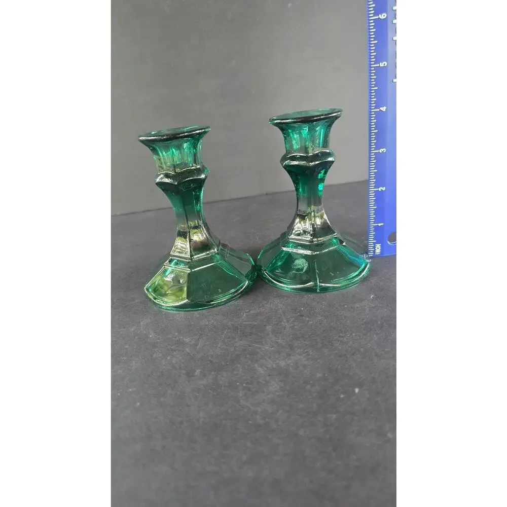 Green Glass Candlestick Holders Pair Small Pedestal Taper Candle Decor Set